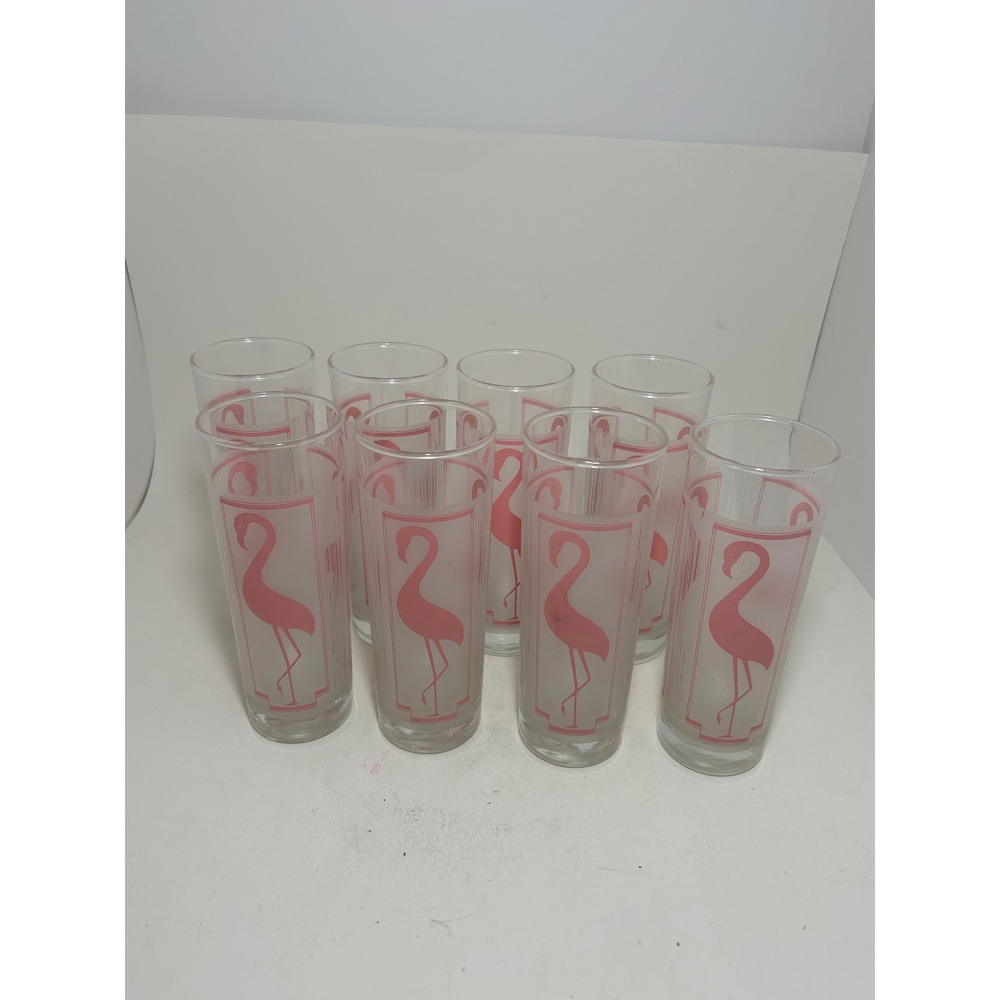Vintage Libbey Pink Flamingo Frosted Highball Glasses Set 8 Mid Century Modern
